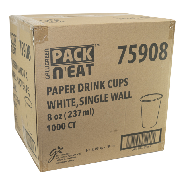 Pak2go Single Wall White Paper Cup, 8 Oz -- 1000 Per Case