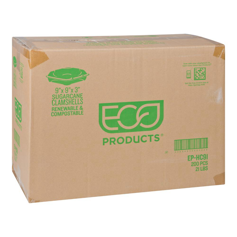 Eco Products 9 X 9 X 3 In Renewable And Compostable Sugarcane Clamshell Container, 50 Count -- 4 Per Case