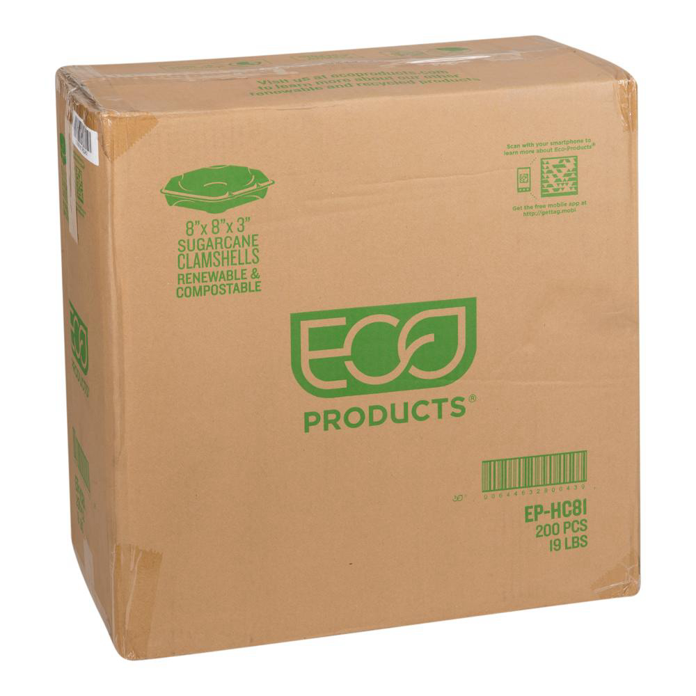 Eco Products 8 X 8 X 3 In Renewable And Compostable Sugarcane Clamshell Container, 50 Count -- 4 Per Case